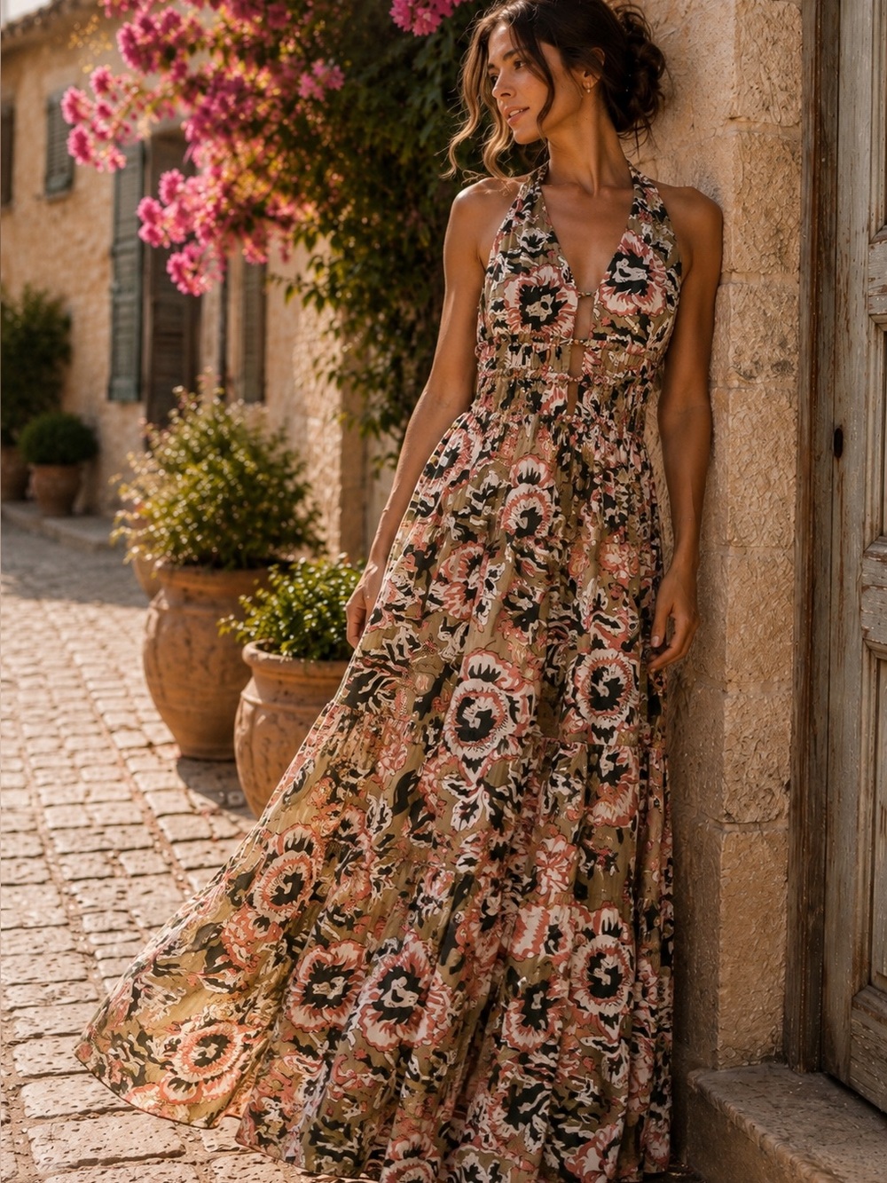 Caroline Constas Floral Botanical Beaded Smocked Maxi Dress Green Cream NWT - Picture 3 of 11